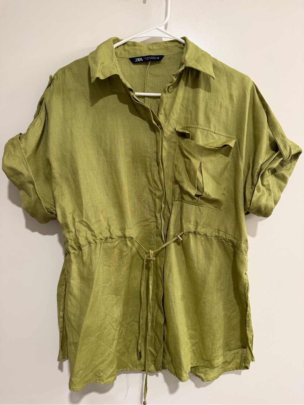 Zara Olive Green Drawstring Linen Shirt - Men's